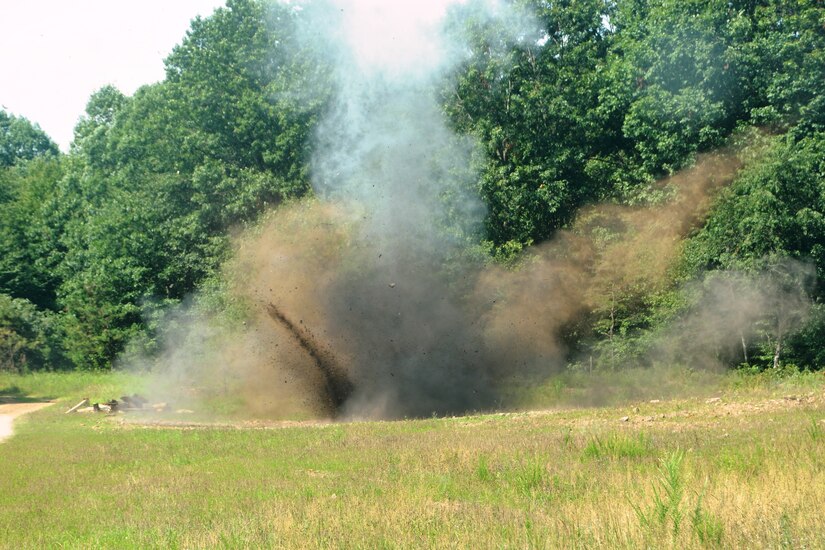 A block of C4 plastic explosive detonates during demolition familiarization training  conducted by Soldiers from 2nd Squadron, 104th Cavalry Regiment, 56th Stryker Brigade Combat Team on Aug. 14, 2020, at Fort Indiantown Gap, Pa.
