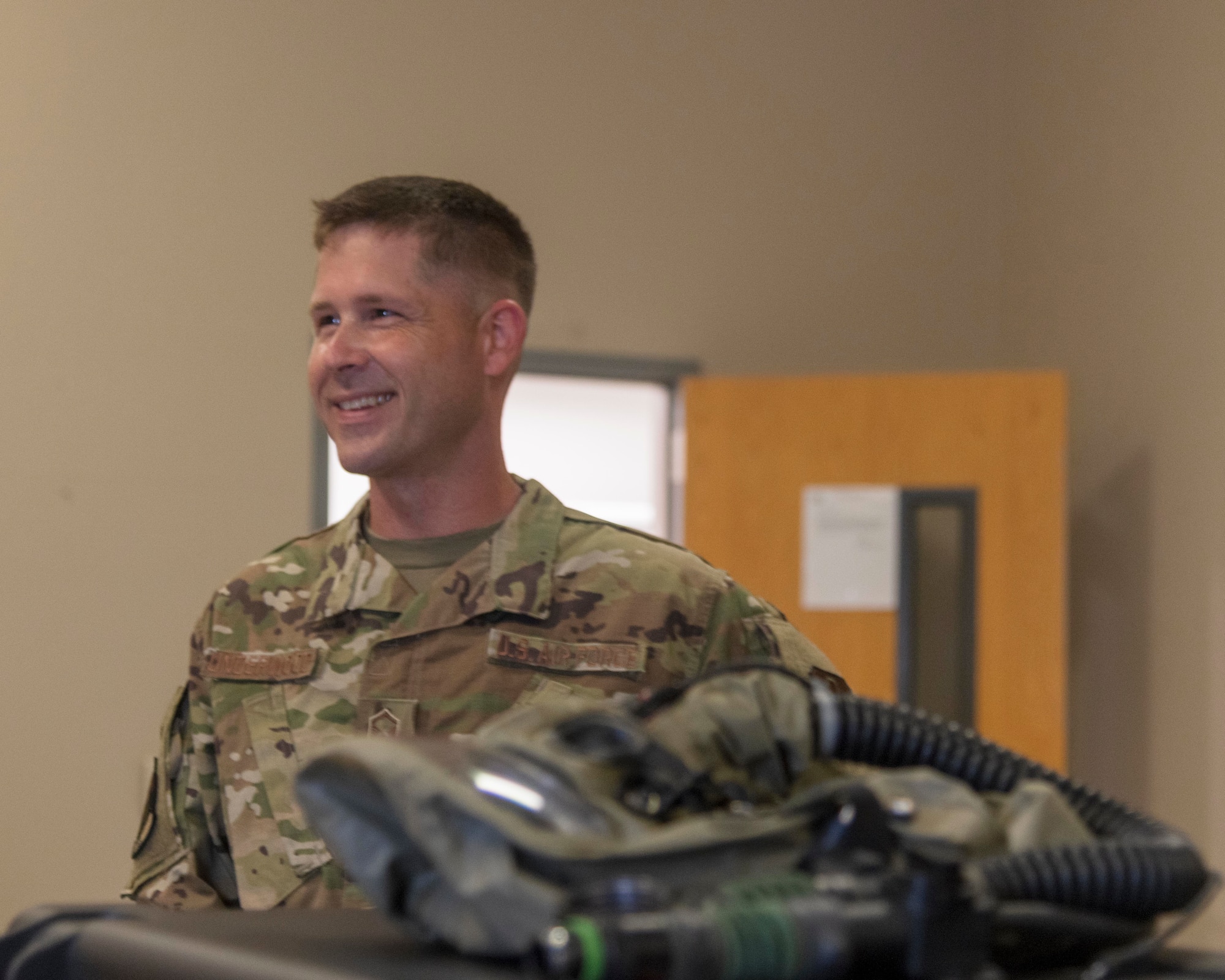 Air Force Reserve Master Sgt. David Underwood, 913th Aircrew Flight Equipment supervisor, oversees the inspection and repairs of flight helmets and oxygen equipment on July 16, 2020, at Little Rock Air Force Base, Ark. (U.S. Air Force Reserve photo by Maj. Ashley Walker)