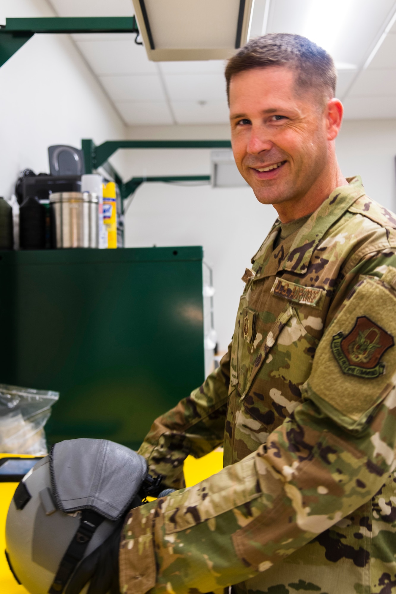 Air Force Reserve Master Sgt. David Underwood, 913th Aircrew Flight Equipment supervisor,  inspects and repairs flight helmets and oxygen equipment on July 16, 2020, at Little Rock Air Force Base, Ark. (U.S. Air Force Reserve photo by Maj. Ashley Walker)