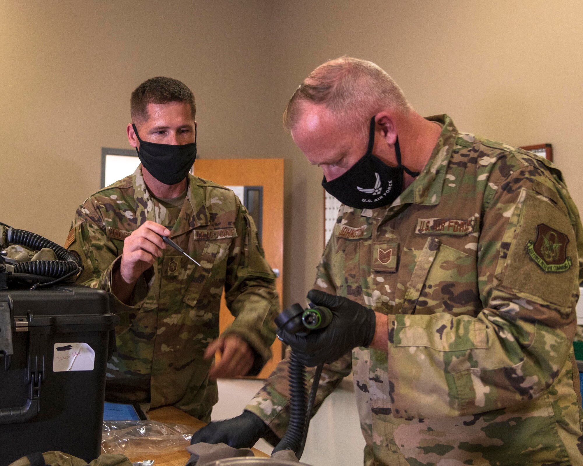 Air Force Reserve members of the 913th Aircrew Flight Equipment shop complete inspections and repairs to flight helmets and oxygen equipment July 16, 2020, at Little Rock Air Force Base, Ark. (U.S. Air Force Reserve photo by Maj. Ashley Walker)