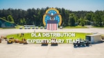 Vehicles, boxes and forklifts surround a circle of grass. The DLA logo with an eagle, stars and stripes is imposed over the image with the words: DLA Distribution Expeditionary Team.