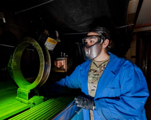 Air Force Reserve Staff Sgt. Valerie Sanchez, Air Reserve Technician and non-destructive inspection technician, prepares a maintenance inspection machine at Little Rock Air Force Base, Ark., on Aug. 6, 2020. NDI technicians use various methods to complete these inspections such as X-ray, florescent dye penetrate, oil analysis and ultrasonic scanning to examine and inspect numerous aircraft parts and components to ensure that they are in usable condition. (U.S. Air Force Reserve photo by Maj. Ashley Walker)
