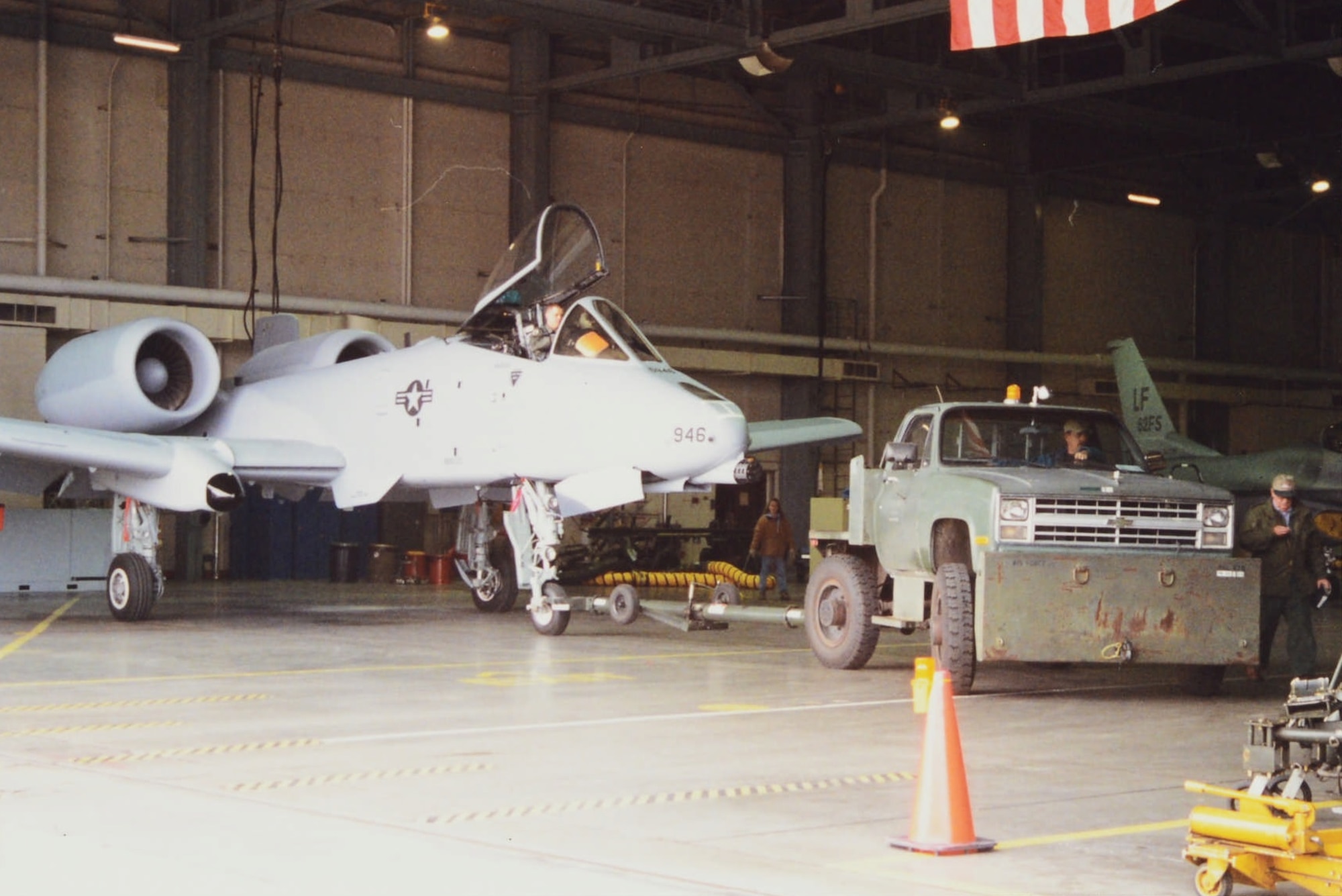 The Ogden ALC prepares the first A-10 completed as part of its new workload by pulling it from Hangar 233 prior to departure.
