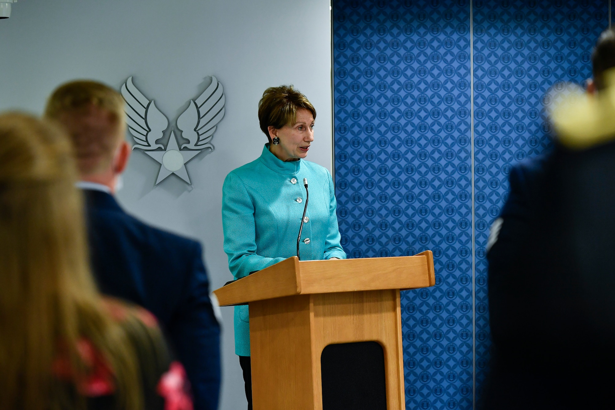 Secretary of the Air Force Barbara Barrett delivers remarks before awarding Meritorious Service Medals to Air National Guard Airmen during a ceremony at the Pentagon, Arlington, Va., Aug. 19, 2020. The Airmen provided emergency first aid to an unconscious jogger during Civilian Disturbance Response in Washington, D.C., June 4, 2020. (U.S. Air Force photo by Eric Dietrich)