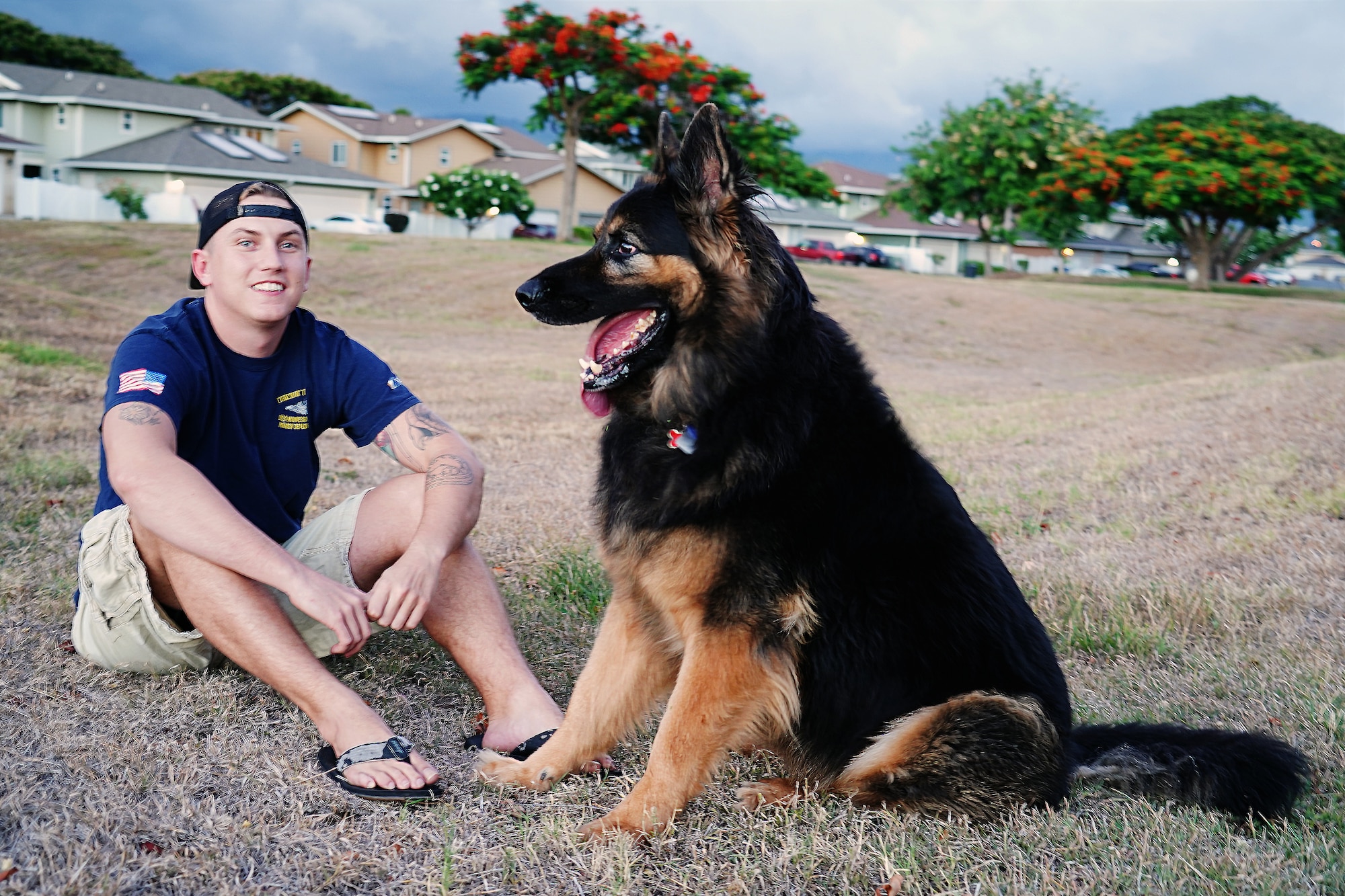 U.S. Navy Sonar Technicians Submarine 1st Class Christopher Carr, Naval Submarine Training Command Pacific instructor, relaxes after playtime with his dog, Zeus, in Honolulu, Hawaii, Aug. 12, 2020. Zeus is a 110-pound Shiloh Shepherd who was trained by a police force K9 trainer. (U.S. Air Force photo by Airman 1st Class Erin Baxter)