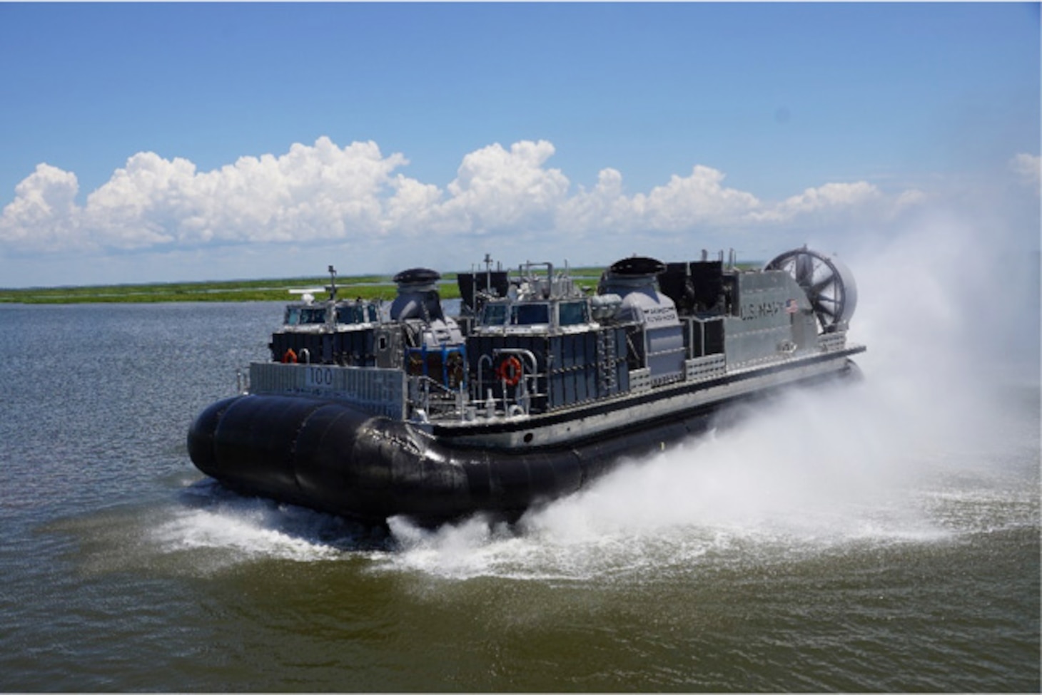 Ship to Shore Connector (SSC), Landing Craft, Air Cushion (LCAC) 100, conducts exercises in the local waterways of Louisiana.