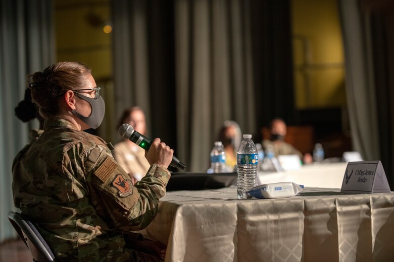 U.S. Air Force Chief Master Sgt. Jessica Bender, 18th Wing command chief, responds to a question during the Women's Leadership Panel at Kadena Air Base, Japan, Aug. 19, 2020. The panel event celebrated Women’s Equality Day and highlighted leaders in our community from different services, both military and civilians. (U.S. Air Force photo by Naoto Anazawa)