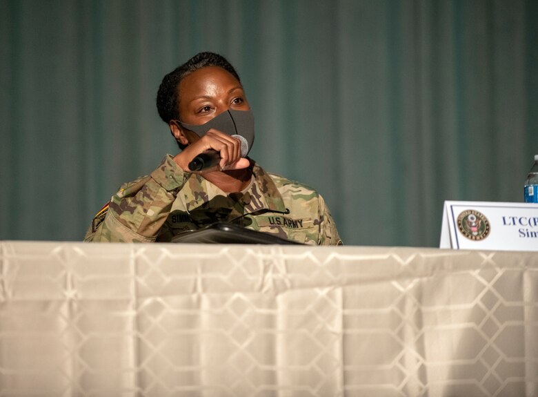U.S. Army Lt. Col. Tanya Simmons, U.S. Army Pacific Support Unit Forward Detachment Japan commander, responds to a question during the Women's Leadership Panel at Kadena Air Base, Japan, Aug. 19, 2020. These ladies shared their experiences as females in the workforce and inspired others. (U.S. Air Force photo by Naoto Anazawa)