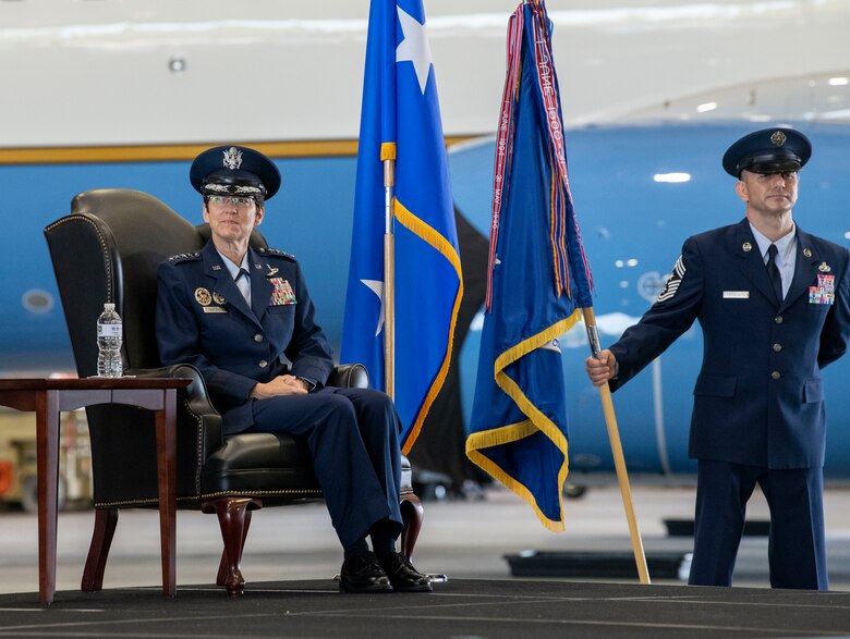 Gen. Jacqueline D. Van Ovost, incoming commander of Air Mobility Command, listens to remarks during the AMC change of command ceremony, at Scott Air Force Base, Illinois, Aug. 20, 2020. AMC provides rapid, flexible and global reach for America, running 10 major air installations in the U.S. and nearly 100 locations worldwide. (U.S. Air Force photo by Senior Airman Miranda Simpson)