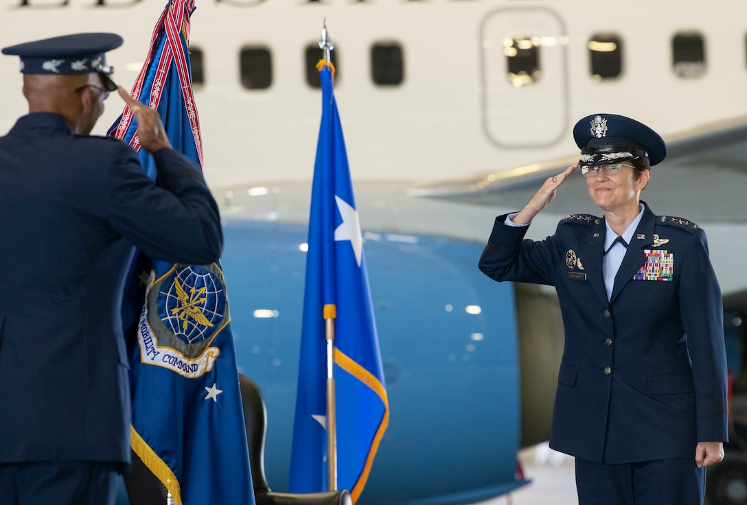 Gen. Jacqueline D. Van Ovost assumes command of Air Mobility Command, at Scott Air Force Base, Illinois, Aug. 20, 2020. The command’s mission is to provide rapid global mobility and sustainment for America’s armed forces. (U.S. Air Force photo by Senior Airman Miranda Simpson)