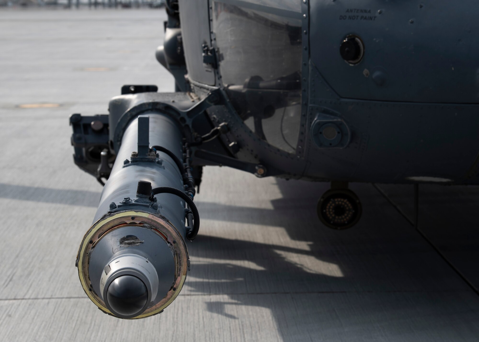 A retractable refueling probe on a U.S. Air Force HH-60G Pave Hawk from the 55th Rescue Squadron, Aug. 17, 2020, at Mountain Home Air Force Base, Idaho. The refueling probe allows for extended missions without having to land. (U.S. Air Force photo by Airman 1st Class Andrew Kobialka)