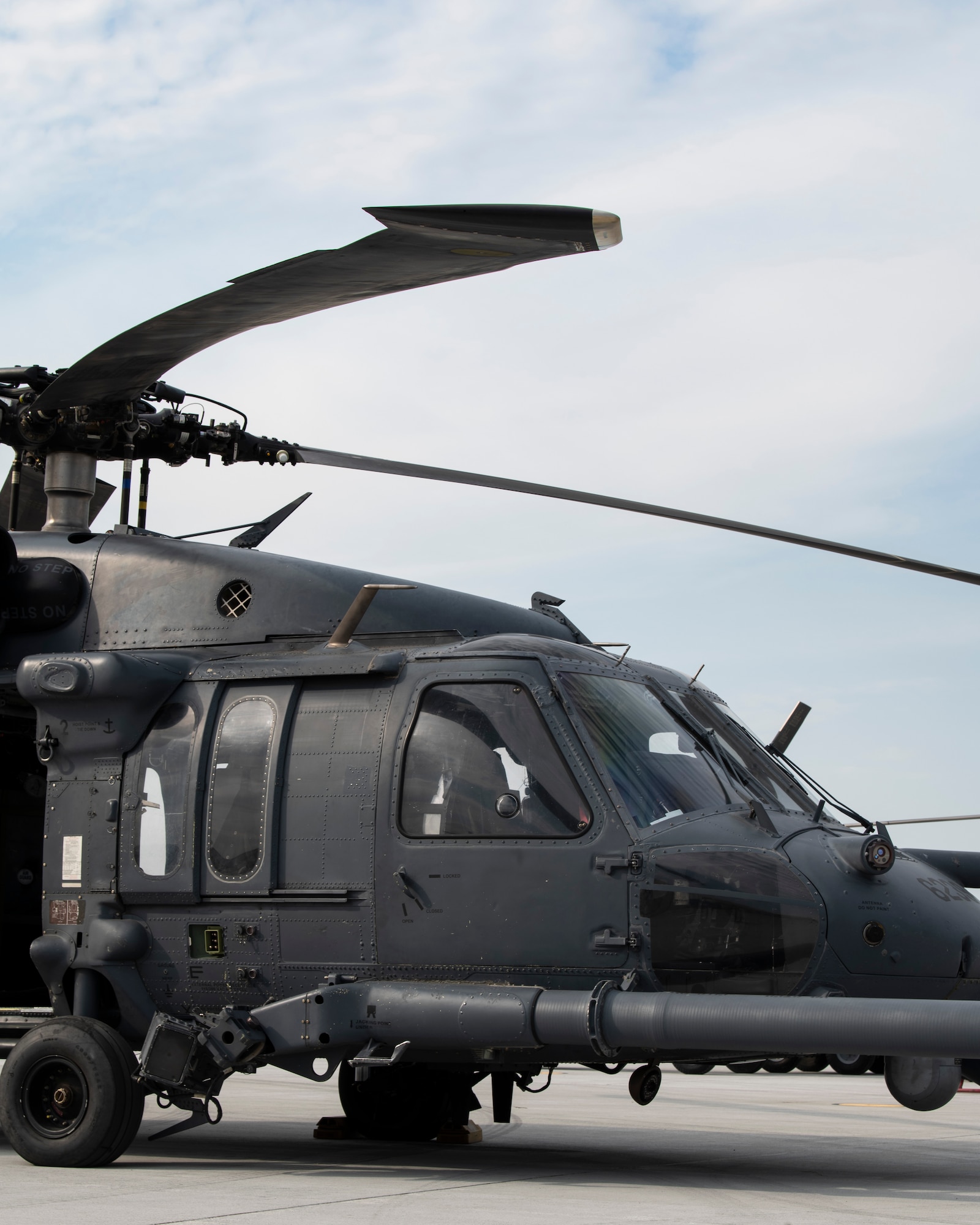 A U.S. Air Force HH-60G Pave Hawk from the 55th Rescue Squadron parks on the flightline Aug. 17, 2020, at Mountain Home Air Force Base, Idaho. The 55th RQS is participating in Gunfighter Flag 20-1, where it trains with joint and international partners to complete combat and rescue exercises. (U.S. Air Force photo by Airman 1st Class Andrew Kobialka)