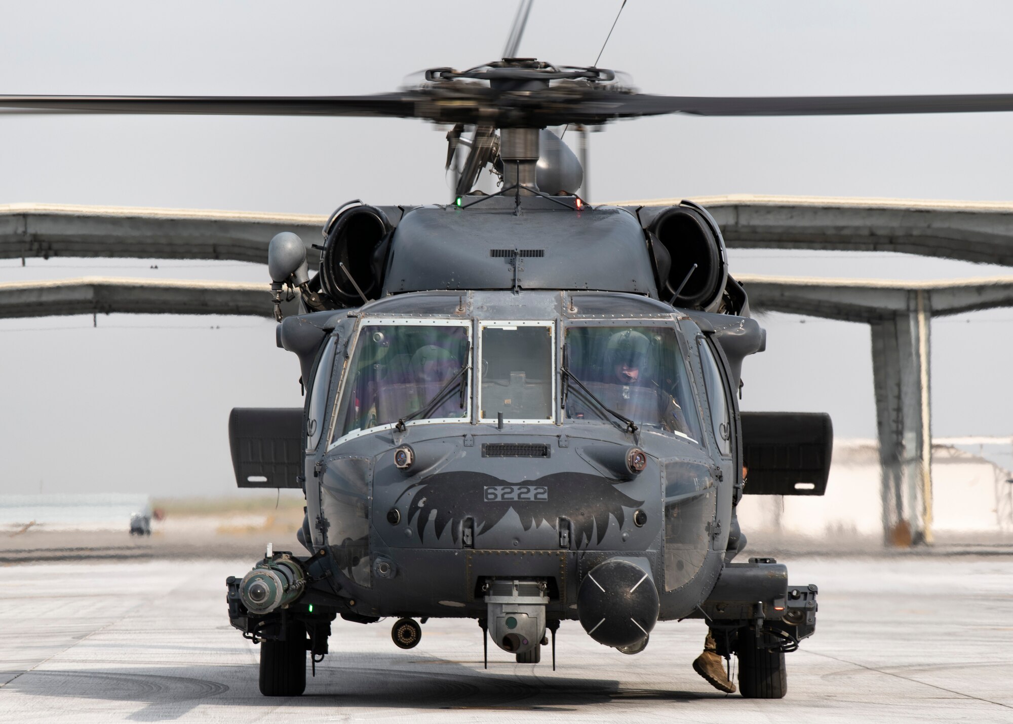 A U.S. Air Force HH-60G Pave Hawk from the 55th Rescue Squadron turns on its rotors as part of a pre-flight inspection, Aug. 17, 2020, at Mountain Home Air Force Base, Idaho. The 55th RQS is participating in Gunfighter Flag 20-1, where it trains with joint and international partners to complete combat and rescue exercises. (U.S. Air Force photo by Airman 1st Class Andrew Kobialka)