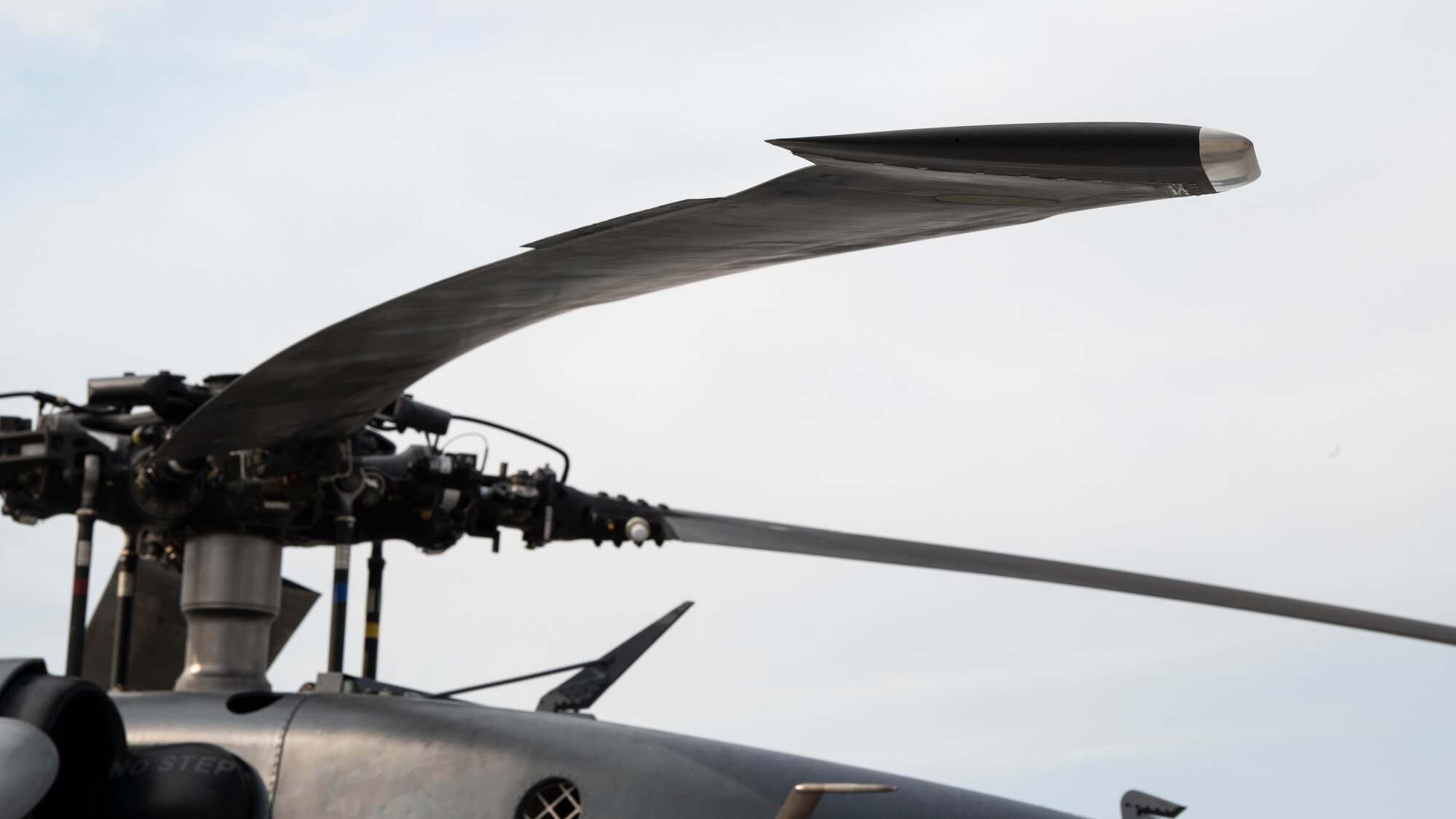 A rotor blade from a U.S. Air Force HH-60G Pave Hawk from the 55th Rescue Squadron, Aug. 17, 2020, at Mountain Home Air Force Base, Idaho. The rotor is created with anti-ice technology to combat adverse weather conditions. (U.S. Air Force photo by Airman 1st Class Andrew Kobialka)