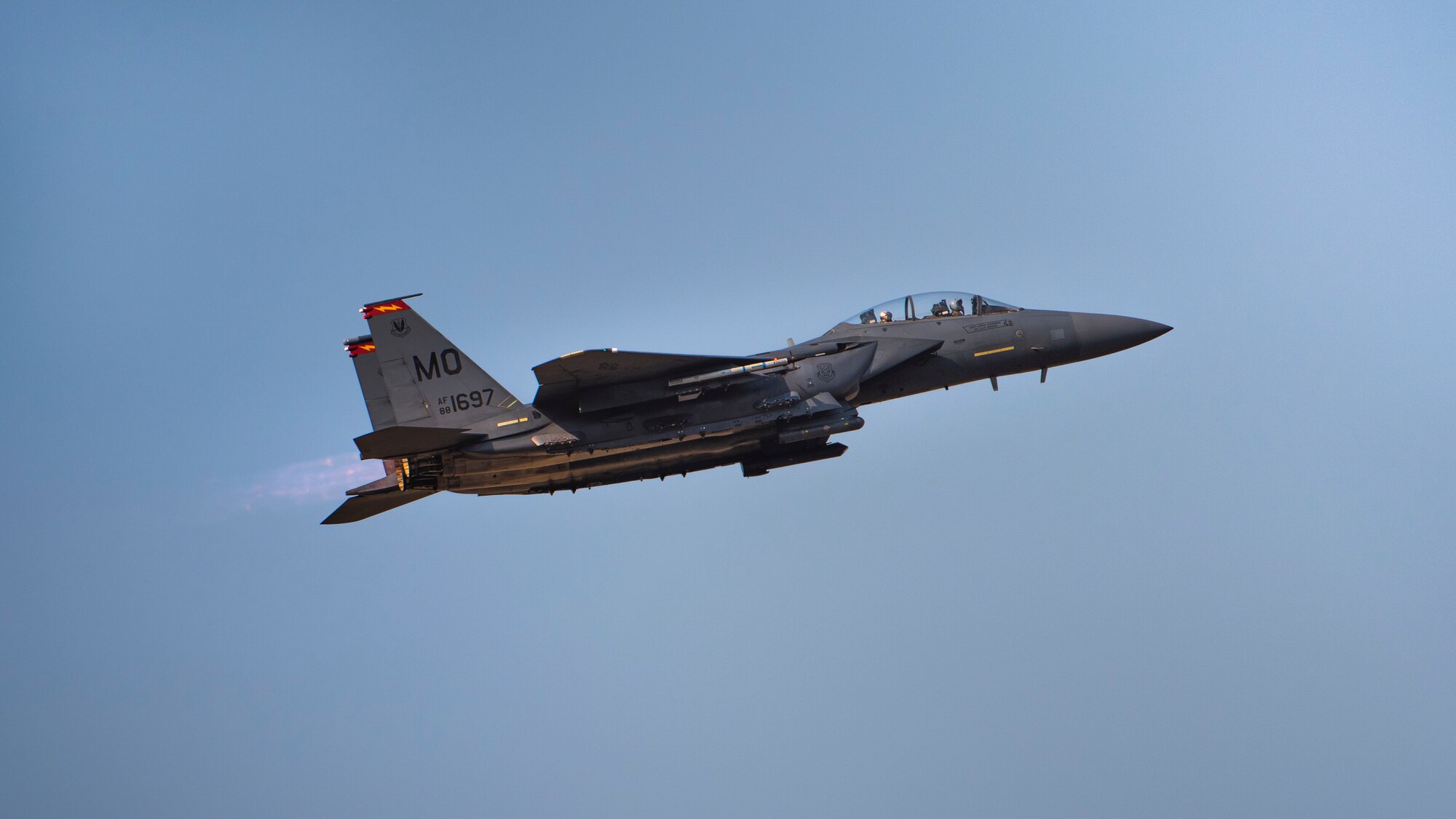 An F-15E Strike Eagle from the 389th Fighter Squadron, engages the afterburners for Gunfighter Flag 20-1, Aug. 18, 2020, at Mountain Home Air Force Base, Idaho. GFF 20-1 provides units the opportunity to train with joint and international partners to complete combat and rescue exercises. (U.S. Air Force photo by Airman 1st Class Natalie Rubenak)