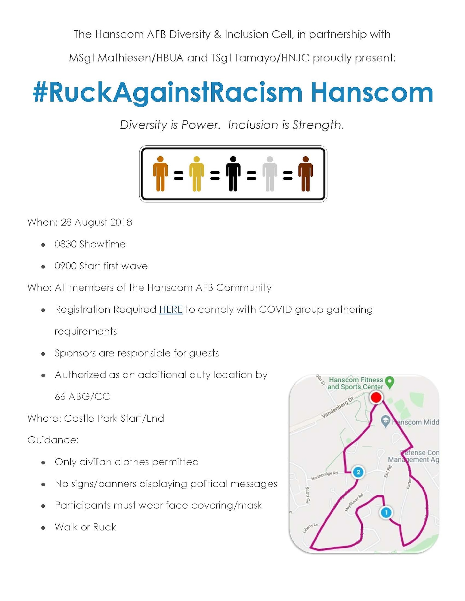 Members from the Hanscom Diversity and Inclusion cell are hosting a 2.5 mile ‘Ruck Against Racism’ here to generate conversation on inclusiveness throughout the installation. (Courtesy Graphic)