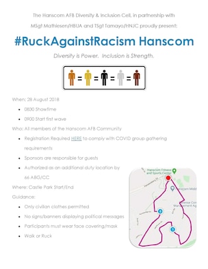 Members from the Hanscom Diversity and Inclusion cell are hosting a 2.5 mile ‘Ruck Against Racism’ here to generate conversation on inclusiveness throughout the installation. (Courtesy Graphic)