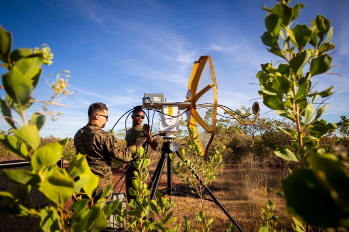 U.S. Marines setup the Ground Data Terminal at a RQ-21A Blackjack spoke site in Bradshaw Field Training Area, Northern Territory, Australia, Aug. 9.