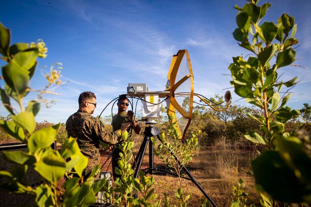 U.S. Marines setup the Ground Data Terminal at a RQ-21A Blackjack spoke site in Bradshaw Field Training Area, Northern Territory, Australia, Aug. 9.