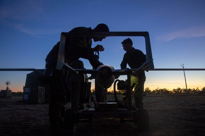 U.S. Marines conduct preflight checks on the RQ-21A Blackjack at Bradshaw Field Training Area, Northern Territory, Australia, Aug. 9.