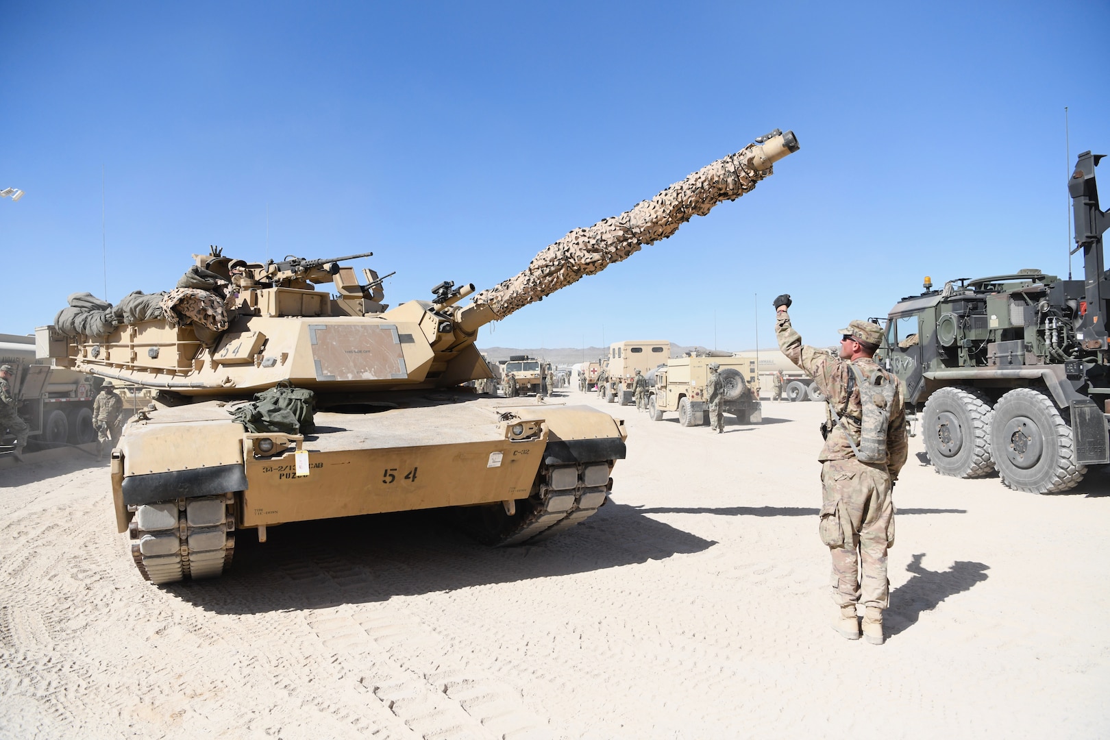 Soldiers with the Minnesota National Guard’s 1st Armored Brigade Combat Team prepare for the field during a rotation at the National Training Center at Fort Irwin, California, July 15, 2020. The exercise, directed by U.S. Army Forces Command, serves as the final major training event ahead of the brigade’s 2021 deployment to the Middle East.