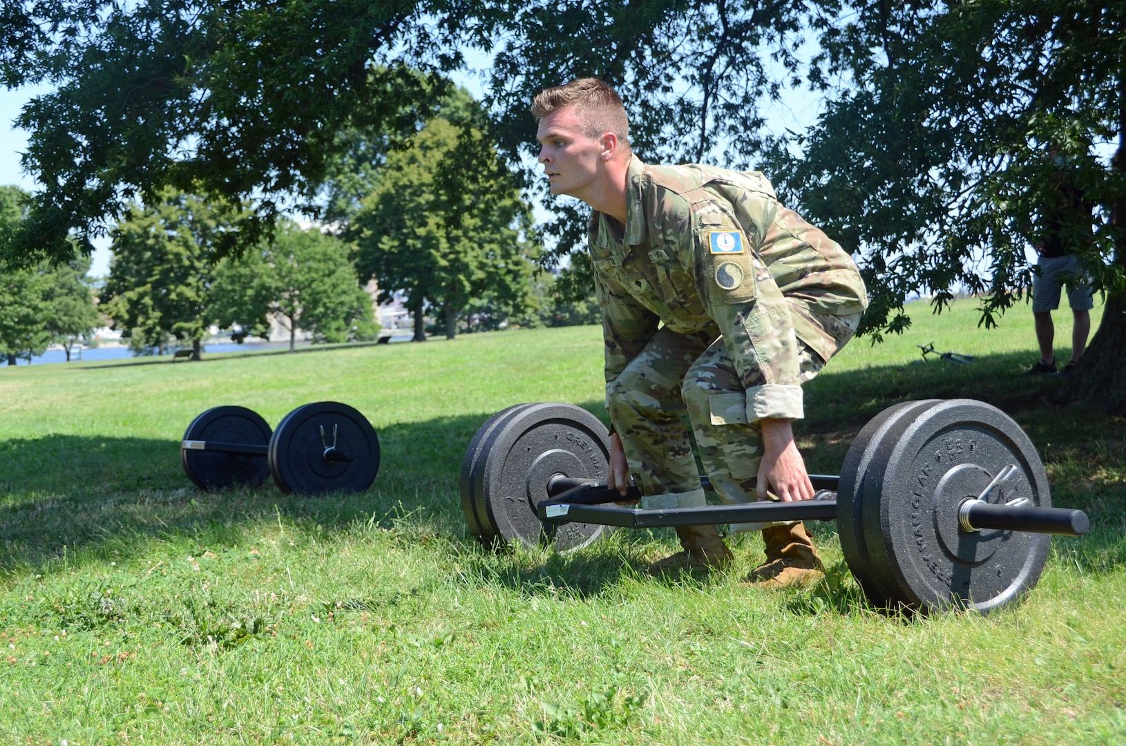 Spc. Braxton Todd, a Virginia National Guard Soldier assigned to the Fort Belvoir-based Headquarters Battalion, 29th Infantry Division, participates in high-intensity interval training during Day 2 of the 2020 Region II Best Warrior Competition, July 29, 2020, at Fort McHenry in Baltimore, Maryland. (U.S. National Guard photo by A.J. Coyne)