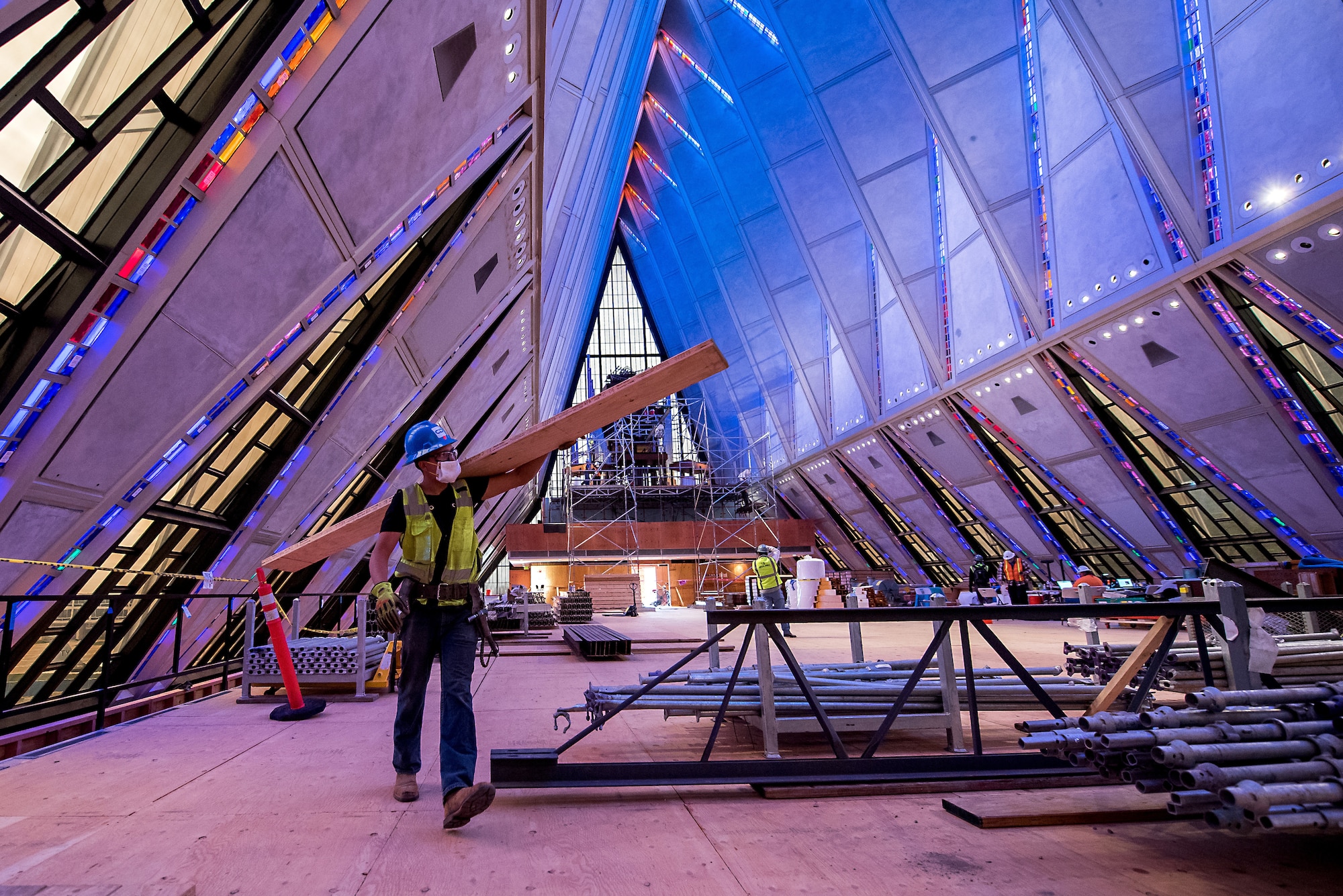 Crews erect scaffolding around the interior of the U.S. Air Force Academy Cadet Chapel on May 11, 2020 in Colorado Springs, Colorado.