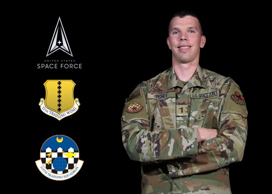 U.S. Space Force 2nd Lt. Samuel Pisney, 315th Training Squadron student, stands in the 17th Training Wing Public Affairs video studio on Goodfellow Air Force Base, Texas, Aug. 13, 2020. Pisney was a part of the first Air Force Academy class to directly commission into the USSF on April 18, became the 63rd USSF member and will learn the global intelligence, surveillance and reconnaissance missions through hands-on technical training from the 315th TRS. (U.S. Air Force illustration by Airman 1st Class Ethan Sherwood Airman 1st Class Michael Bowan)