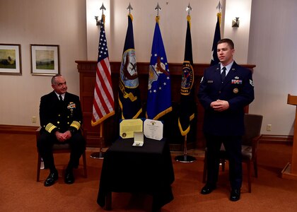 Staff Sgt. Donald Thomas provides closing remarks after receiving the U.S. Air Force’s Airman’s Medal at Offutt Air Force Base, Neb., Aug. 21. The Airman’s Medal is awarded to service members who distinguish themselves by a heroic act, usually at the voluntary risk of their own life while not involving combat. While on leave in 2018, Thomas saved the lives of four people who were in a motor vehicle  accident. (U.S. Air Force Photo by Staff Sgt. Ian Hoachlander)