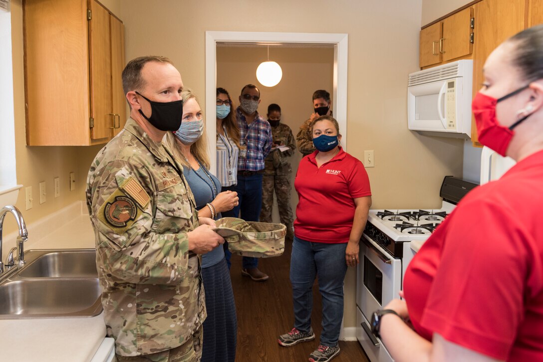 Col. Craig Prather, 47th Flying Training Wing commander, participates in a tour of base housing on Aug. 21, 2020, at Laughlin Air Force Base, Texas. Prather toured the Child Development Center, Youth Center, Bobby Barrera Science, Technology, Engineering, Mathematics School and housing on base to better understand the needs of Laughlin Airmen and their families. (U.S. Air Force photo by Senior Airman Anne McCready)