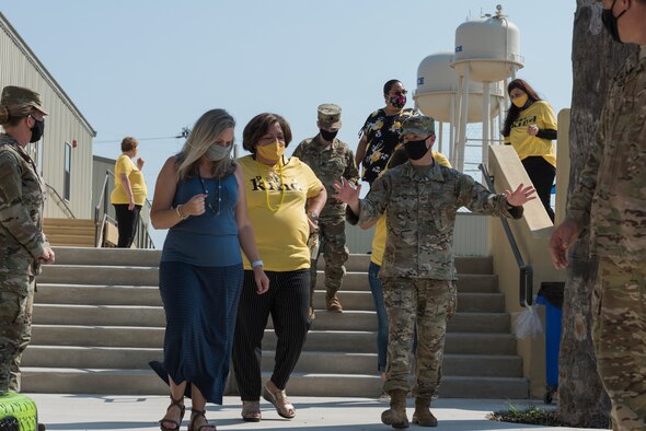 Melissa Menchaca, 47th Force Support Squadron child development center director, discusses challenges and solutions for child development center operations during COVID-19 with Col. Craig Prather, 47th Flying Training Wing commander on Aug. 21, 2020, at Laughlin Air Force Base, Texas. Prather toured the Child Development Center, Youth Center, Bobby Barrera Science, Technology, Engineering, Mathematics School and housing on base to better understand the needs of Laughlin Airmen and their families. (U.S. Air Force photo by Senior Airman Anne McCready)