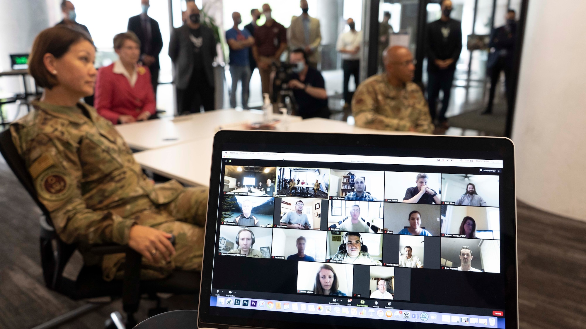 Air Force major command innovation representatives share various initiatives during a visit with Secretary of the Air Force Barbara Barrett, Chief of Staff of the Air Force Gen. Charles Q. Brown, Jr., and Chief Master Sgt. of the Air Force JoAnne S. Bass at the AFWERX Austin hub, Texas, Aug. 20, 2020. Projects include energy and space challenges, a Defense Innovation Dashboard, and AFWERX Internship Program. (Air National Guard photo by Staff Sgt. Jordyn Fetter)