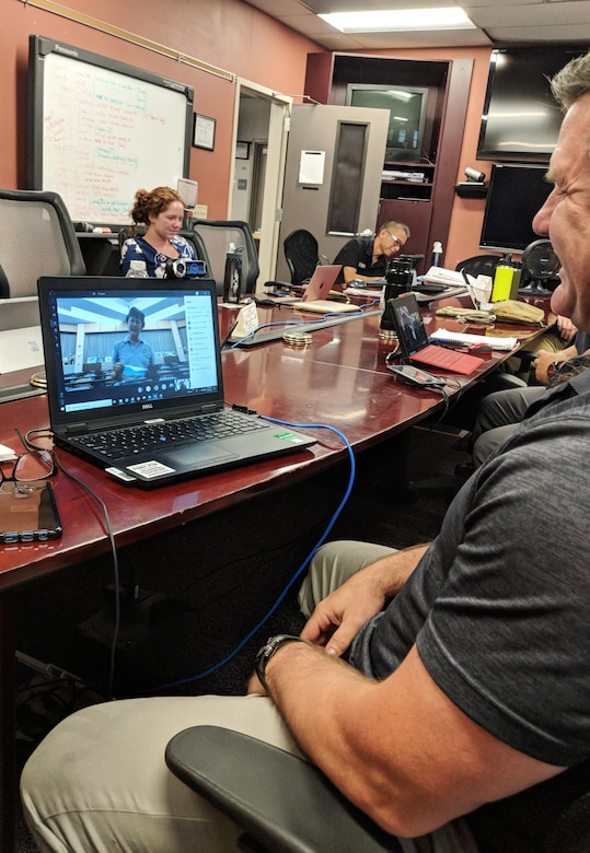 Washington National Guard Maj. Jeff McDonald conducts a virtual exchange with personnel from the port of Laem Chabang, Thailand, Aug. 17, 2020, at the Joint Operations Center, Camp Murray, Wash. The Washington National Guard and Thailand are partners under the National Guard's State Partnership Program.