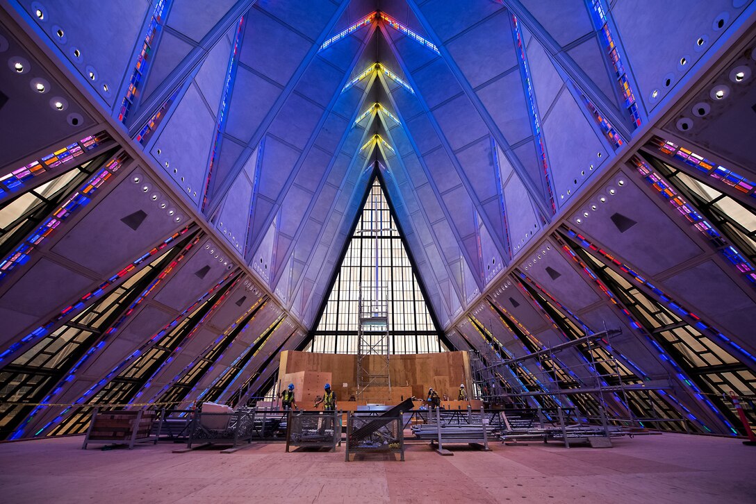 Crews erect scaffolding around the interior of the U.S. Air Force Academy Cadet Chapel May 11, 2020, in Colorado Springs, Colorado.