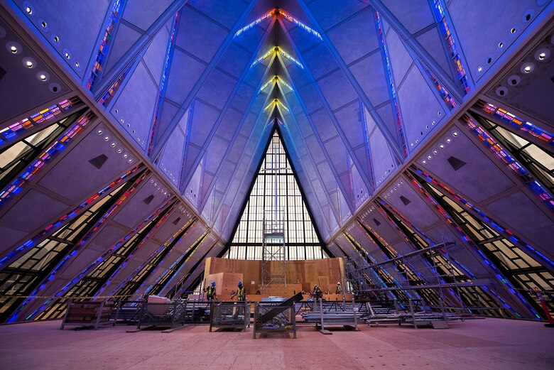Crews erect scaffolding around the interior of the U.S. Air Force Academy Cadet Chapel May 11, 2020, in Colorado Springs, Colorado.