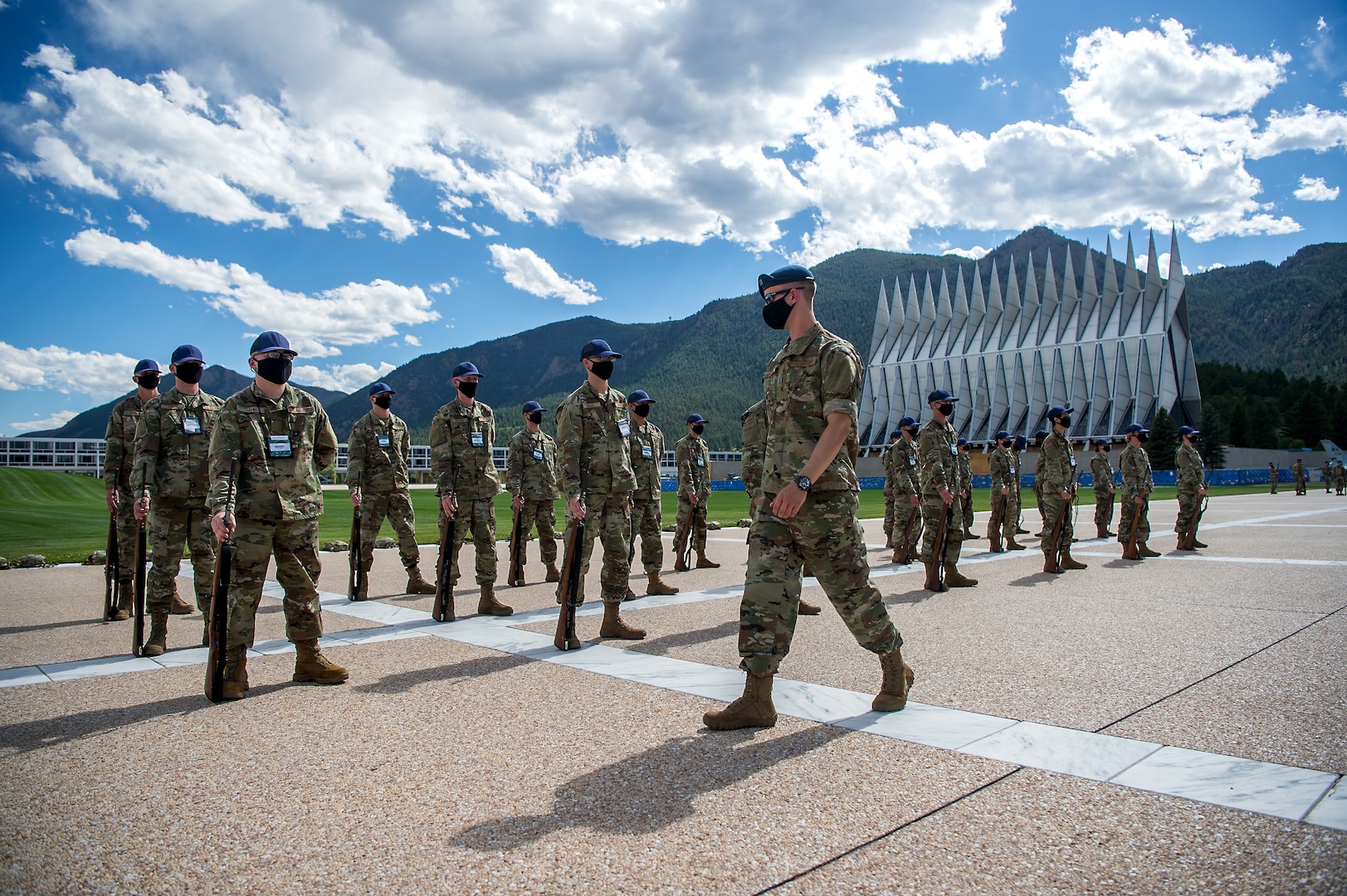 Academy basic cadets participate in the first phase of basic cadet training with marching drills July 8, 2020 on the Terrazzo at the U.S. Air Force Academy.