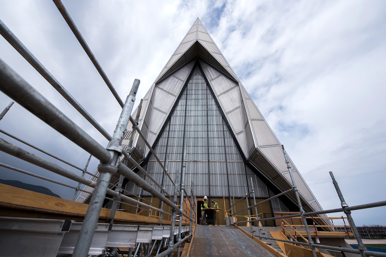 Construction crews continue initial steps of renovation at the U. S. Air Force Academy Cadet Chapel in Colorado Springs, Colorado, May 11, 2020.