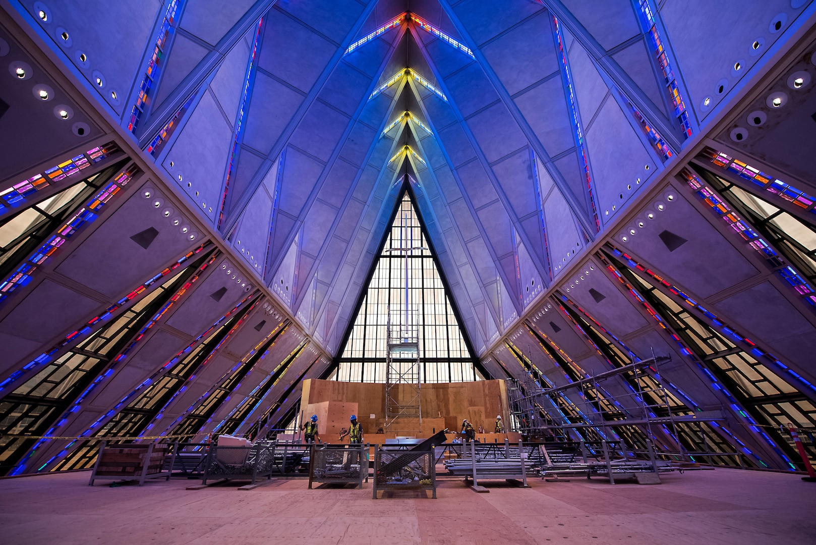 Crews erect scaffolding around the interior of the U.S. Air Force Academy Cadet Chapel May 11, 2020, in Colorado Springs, Colorado.