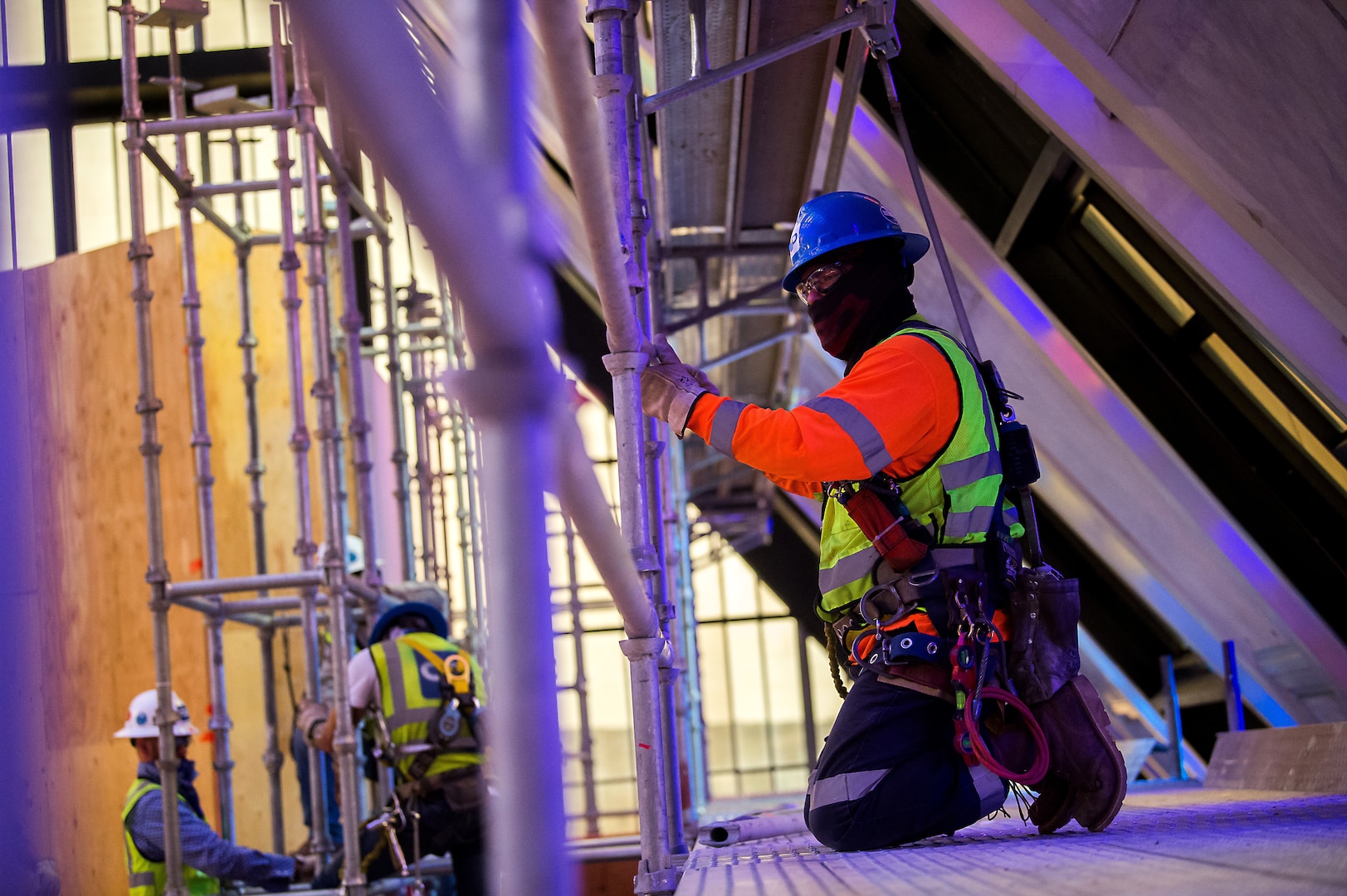 Crews erect scaffolding around the interior of the U.S. Air Force Academy Cadet Chapel in Colorado Springs, Colorado, May 11, 2020.