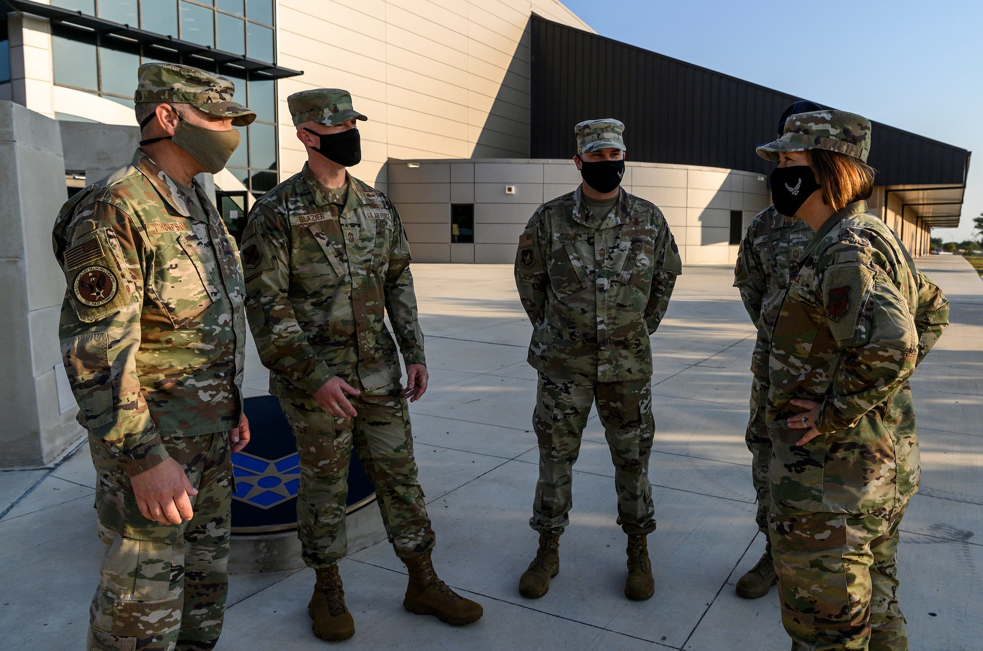 Chief Master Sergeant of the Air Force JoAnne Bass visits with Joint Base San Antonio chiefs at the Pfingston Reception Center Aug. 21, 2020, on JBSA-Lackland, Texas.