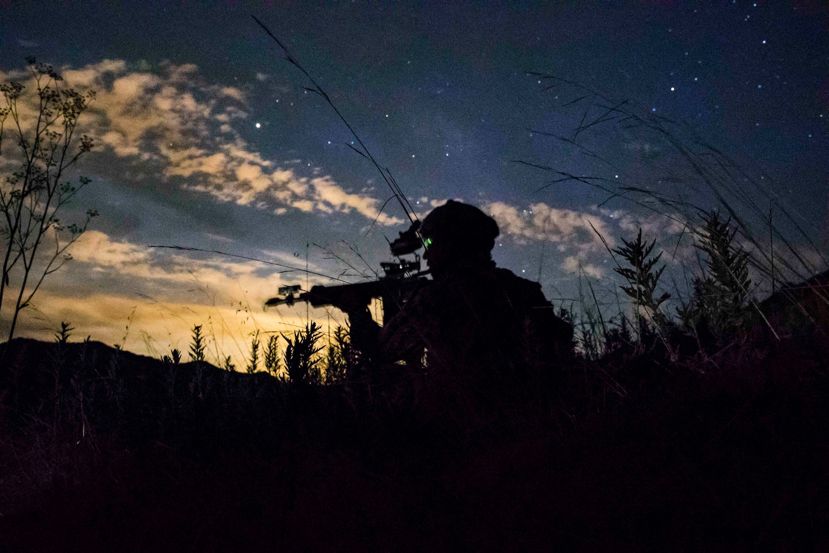 A Marine holds up a weapon in a grassy field at night.