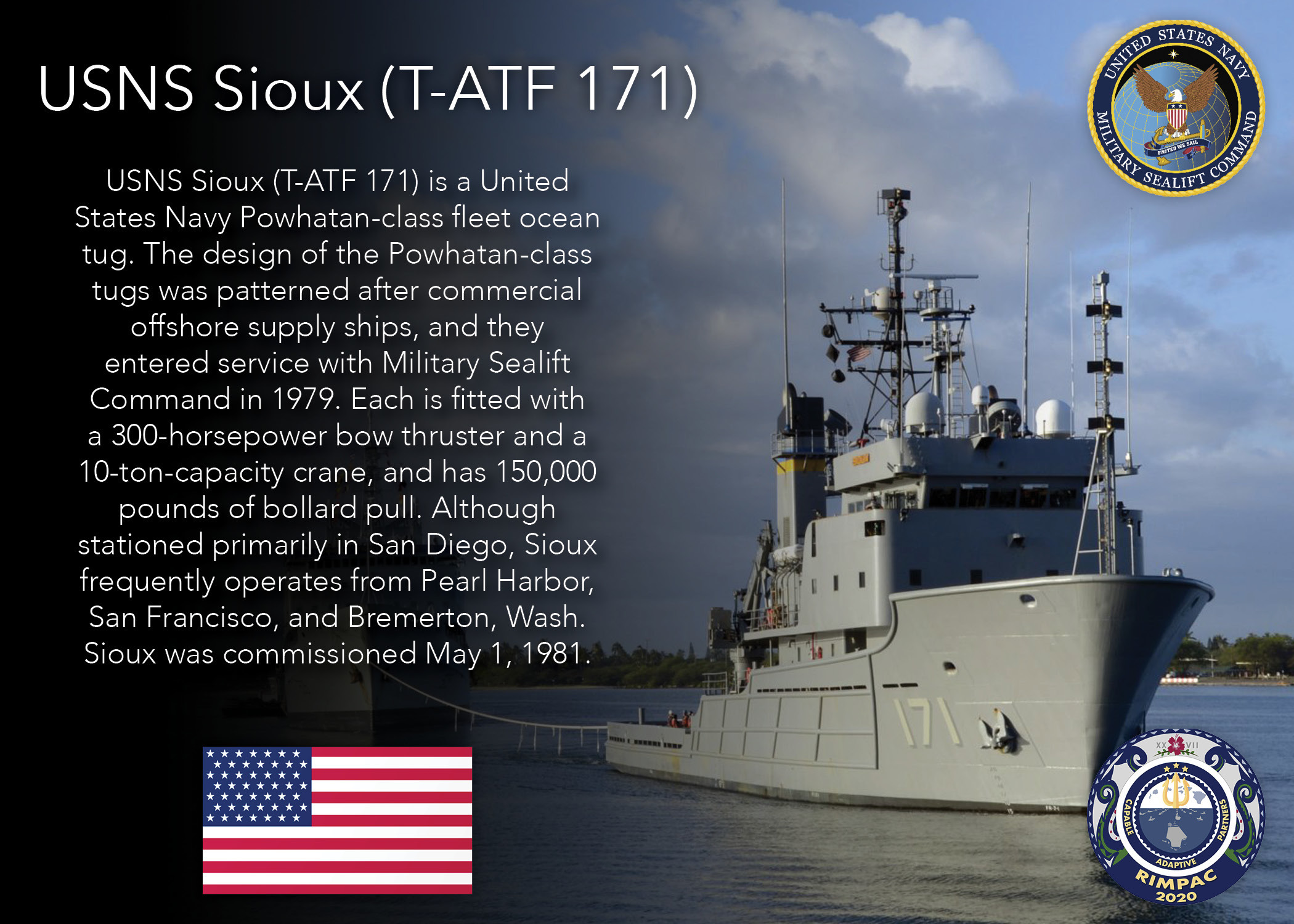 An infographic highlighting the U.S. Navy Powhatan-class fleet ocean tug USNS Sioux (T-ATF 171) participating in Exercise Rim of the Pacific (RIMPAC) 2020.