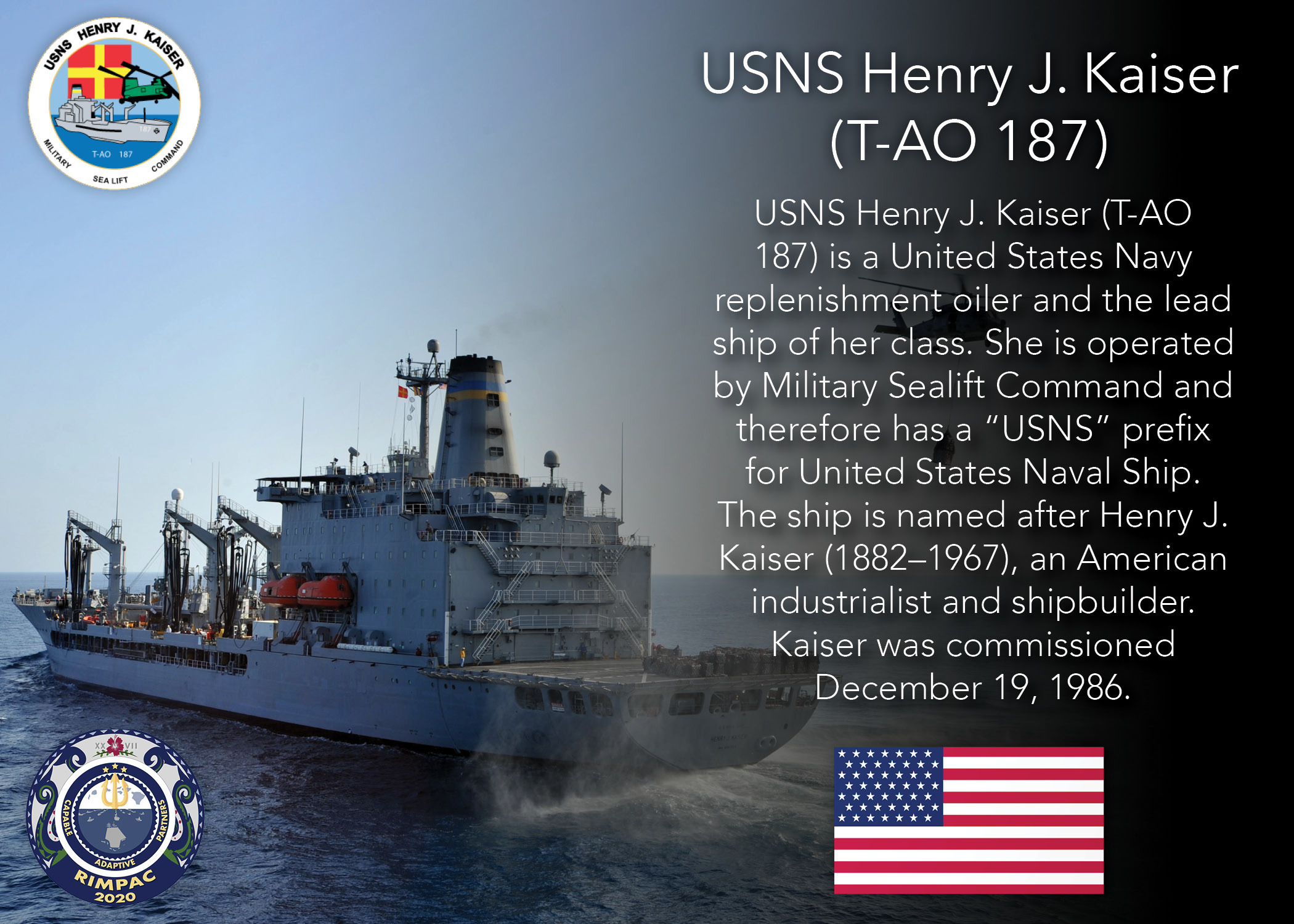 An infographic highlighting the U.S. Navy fleet replenishment oiler USNS Henry J. Kaiser (T-AO 187) participating in Exercise Rim of the Pacific (RIMPAC) 2020.