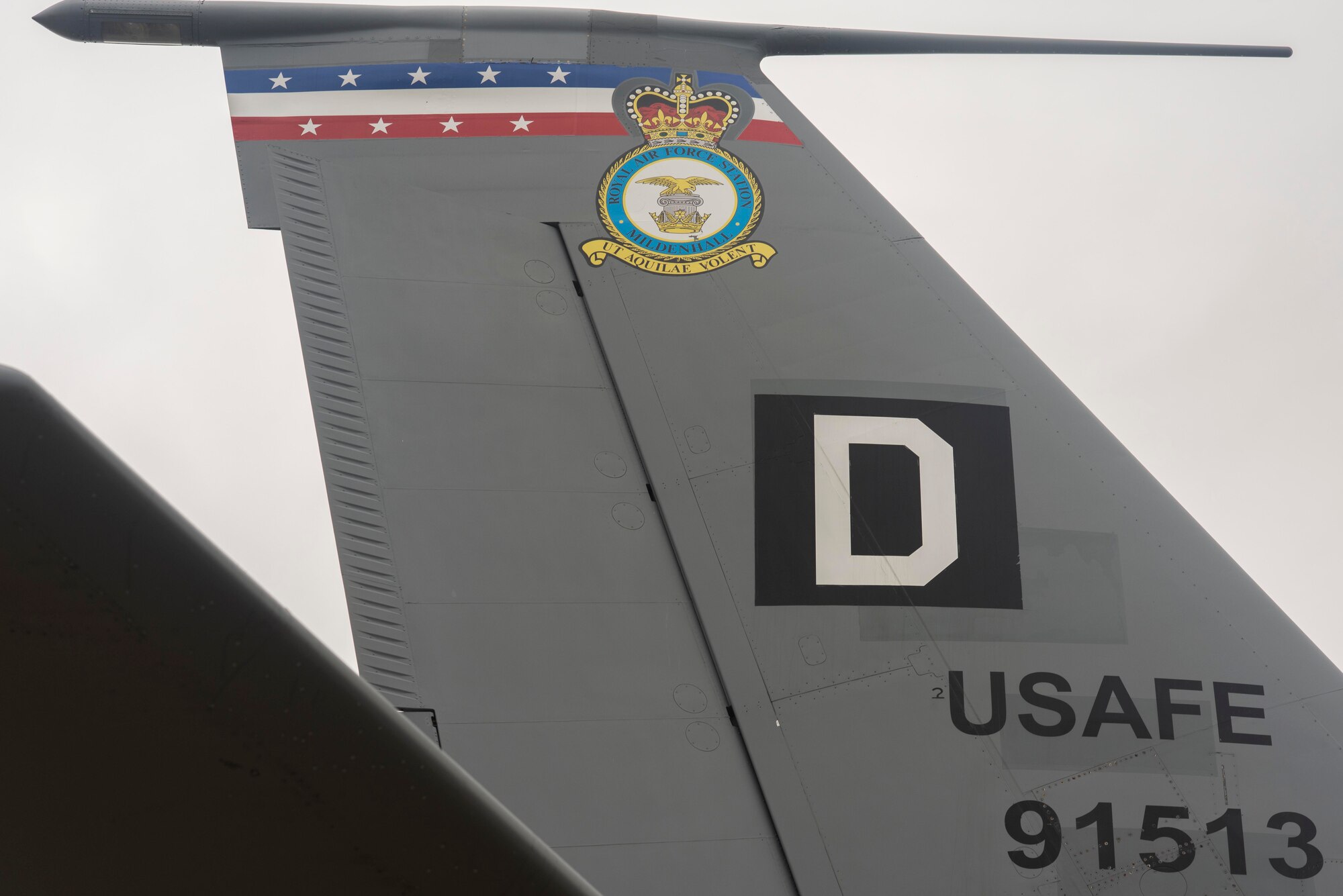 A KC-135 Stratotanker aircraft sits on the flightline at Royal Air Force Mildenhall, England, Aug. 19, 2020.The 100th Air Refueling Wing conducts air refueling and combat support operations throughout the European and African area of responsibility. (U.S. Air Force photo by Airman 1st Class Joseph Barron)