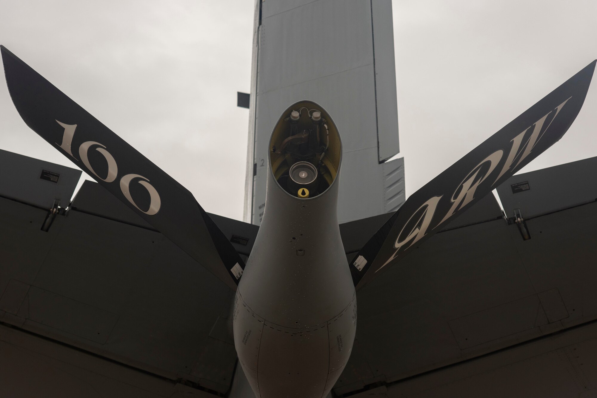 A 100th Air Refueling Wing KC-135 Stratotanker aircraft sits on the flightline prior to a training mission at Royal Air Force Mildenhall, England, Aug. 19, 2020. The flying boom supports the delivery of fuel to aircraft in flight and extends the range of U.S. Air Force, allied and partner nation aircraft. (U.S. Air Force photo by Airman 1st Class Joseph Barron)