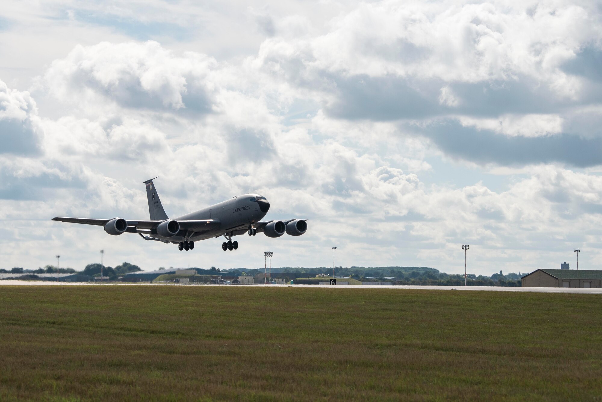 A 100th Air Refueling Wing KC-135 Stratotanker aircraft takes off from Royal Air Force Mildenhall, England, Aug. 18, 2020. The KC-135 provides global, rapid aerial refueling capability for Europe and Africa as the only permanent air refueling wing. (U.S. Air Force photo by Airman 1st Class Joseph Barron)