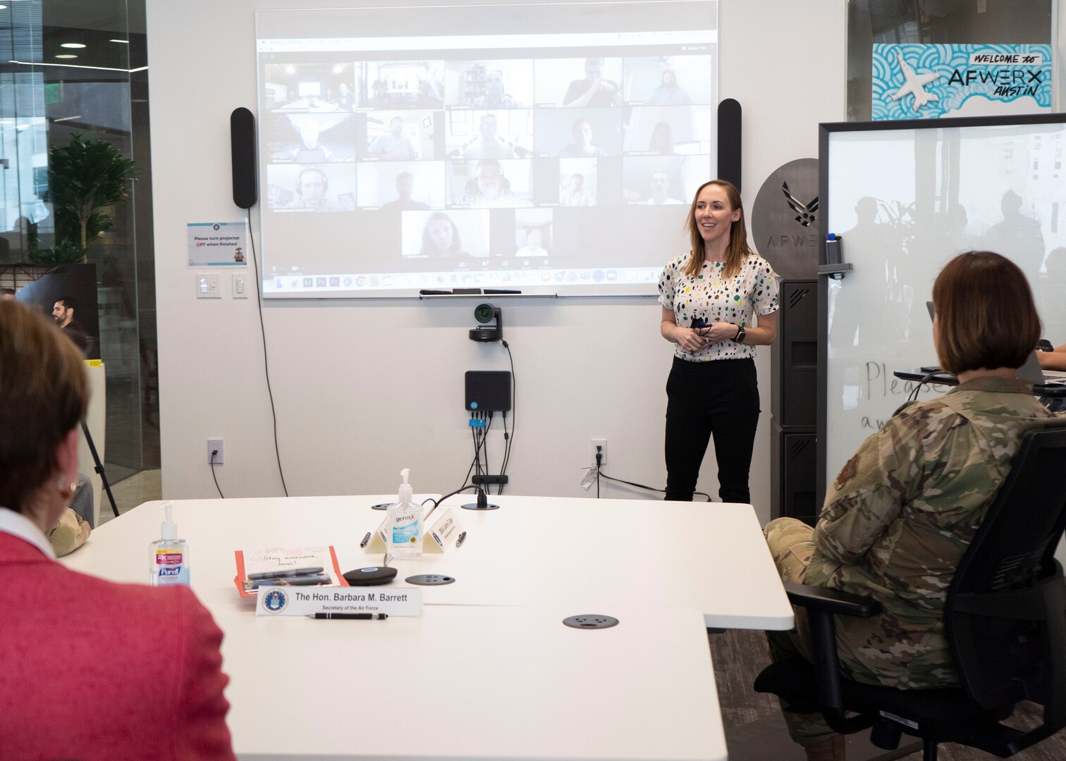 Patricia Marshall, Air Force Installation and Mission Support Center chief of strategy, shares information about the Defense Innovation Dashboard project with Secretary of the Air Force Barbara Barrett, Chief of Staff of the Air Force Gen. Charles Q. Brown, Jr., and Chief Master Sgt. of the Air Force JoAnne S. Bass at the AFWERX Austin hub, Aug. 20, 2020. During the visit, the AFWERX team showcased various initiatives aimed toward modernizing the Air Force including the AFVentures Fellowship, Agility Prime program, AFWERX internships, Spark Colliders and RAPIDx. (Air National Guard photo by Staff Sgt. Jordyn Fetter)