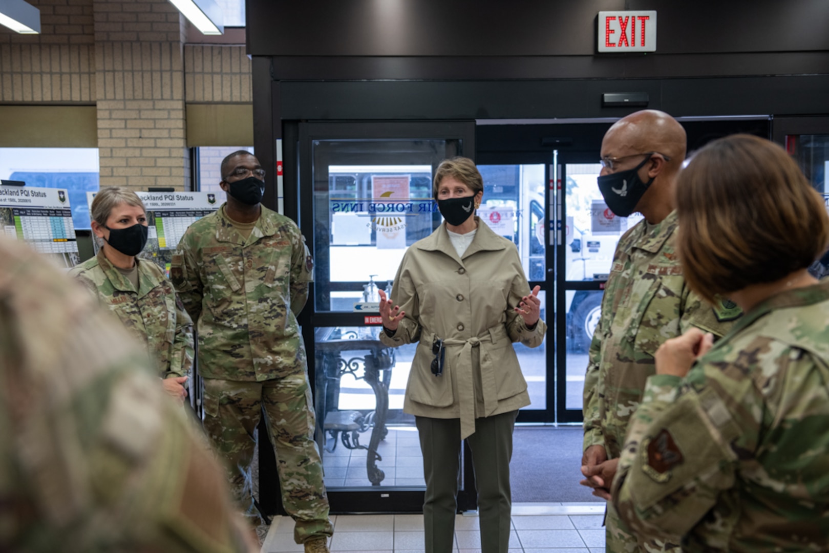 Secretary of the Air Force Barbara M. Barrett (center), addresses military members of the Gateway Villa during a tour Aug. 21, 2020, at Joint Base San Antonio-Lackland, Texas.