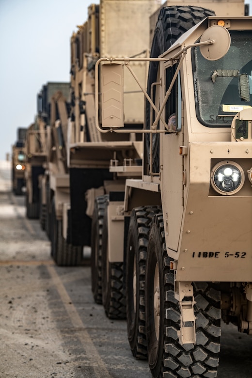 Soldiers from Alpha Battery 5-52 Air Defense Artillery Battalion perform Prepare for Movement and Emplacement in addition to a tactical convoy in order to conduct mobility exercises at Al Dhafra Air Base, United Arab Emirates, Aug. 21, 2020.