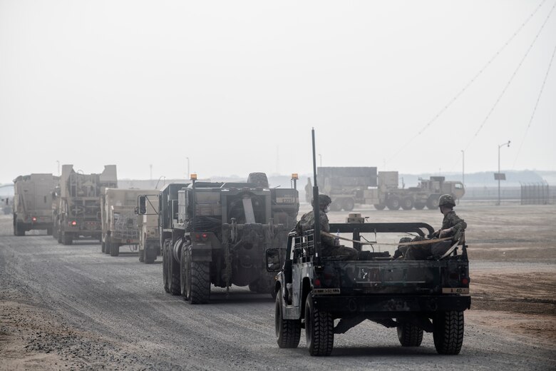 Soldiers from Alpha Battery 5-52 Air Defense Artillery Battalion perform Prepare for Movement and Emplacement in addition to a tactical convoy in order to conduct mobility exercises at Al Dhafra Air Base, United Arab Emirates, Aug. 21, 2020.